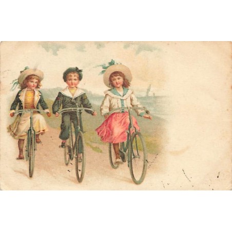 n°27487 - Fantaisie - Deux jeunes filles et un garçon se promenant en vélo
