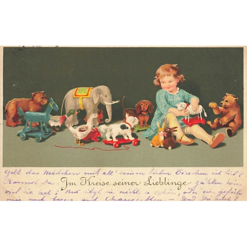 n°27490 - Fantaisie - Fillette assise au milieu de ses jouets - Teddy Bear - Eléphant