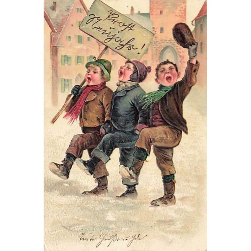 n°27494 - Carte Gaufrée - 3523 - Fantaisie - Garçons chantant dans la rue