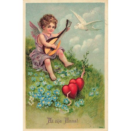 n°27495 - Carte Gaufrée - Fantaisie - At zije Anna - Ange jouant de la mandoline près de deux coeurs