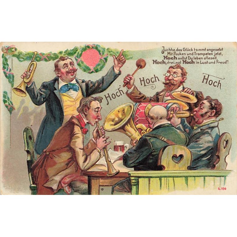n°27497 - Carte Gaufrée - Fantaisie - Hoch Hoch Hoch - Hommes attablés jouant de la musique