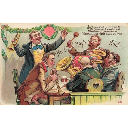 n°27497 - Carte Gaufrée - Fantaisie - Hoch Hoch Hoch - Hommes attablés jouant de la musique