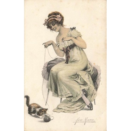 n°27499 - Fantaisie - San Marco - Femme jouant avec un chat avec une pelote de laine