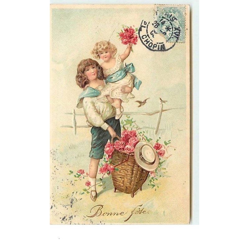 n°13097 - Carte Gaufrée - Bonne Fête - Jeune homme portant une fillette