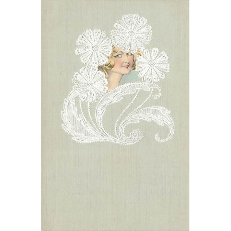 n°27508 - Fantaisie - Art Nouveau - Portrait d'une femme au milieu de fleurs en dentelle
