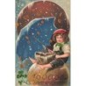 n°27515 - Carte Gaufrée - Glückliches Neujahr - Garçon assis sur un sac de pièces, se protégeant avec un parapluie