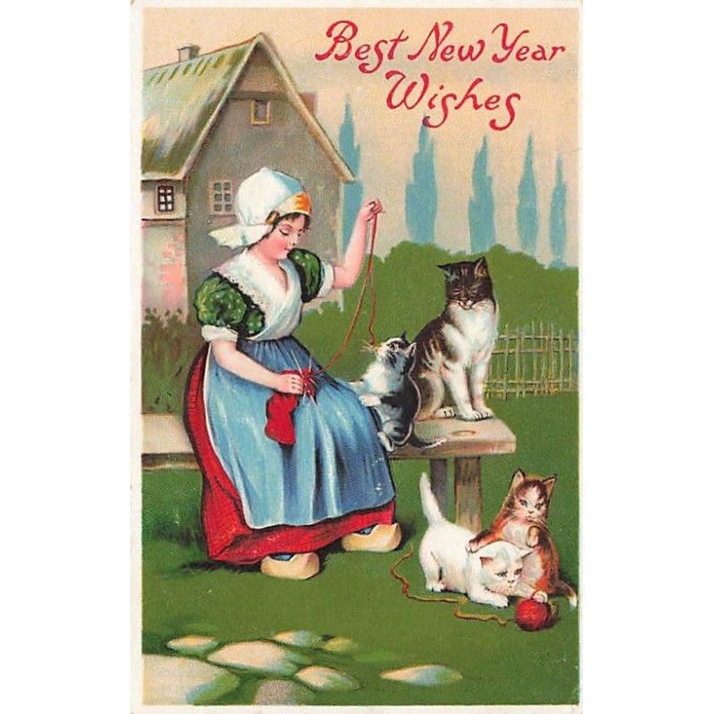 n°27517 - Carte Gaufrée - Best New Year Wishes - Jeune fille tricotant et jouant avec des chats - Cat