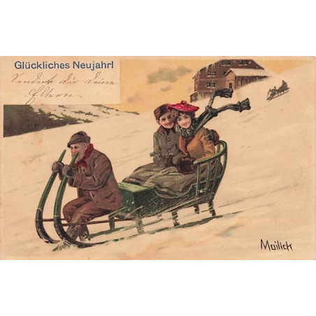 n°27518 - Nouvel An - Glückliches Neujahr - Couple dans un traîneau - Illustrateur Mailick