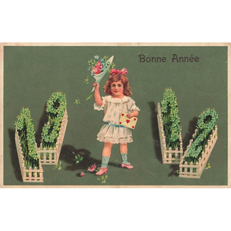 n°27520 - Carte Gaufrée - Bonne Année 1912 - Fillette tenant un bouquet et une lettre