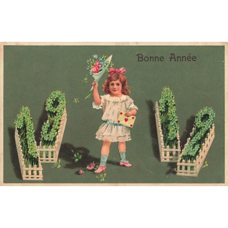 n°27520 - Carte Gaufrée - Bonne Année 1912 - Fillette tenant un bouquet et une lettre