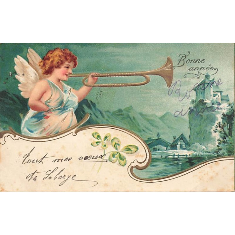 n°27521 - Carte Gaufrée - Clapsaddle - Bonne Année - Ange jouant de la trompette pour un village