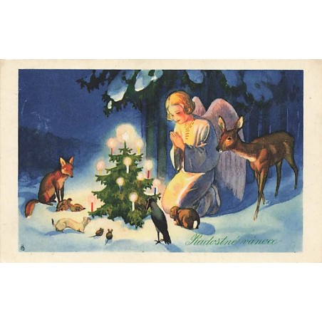 n°27522 - Noël - Radostné vanoce - Ange priant avec des animaux autour d'un sapin