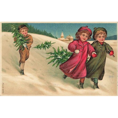 n°27523 - Carte Gaufrée - Noël - MSIB 13775 - Garçon et fillettes transportant des sapins