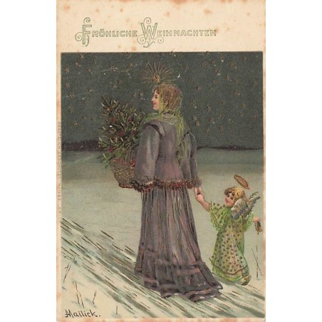 n°27525 - Carte Gaufrée - Noël - Fröhliche Weihnachten - Femme marchant avec un ange - Illustrateur Mailick