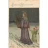 n°27525 - Carte Gaufrée - Noël - Fröhliche Weihnachten - Femme marchant avec un ange - Illustrateur Mailick