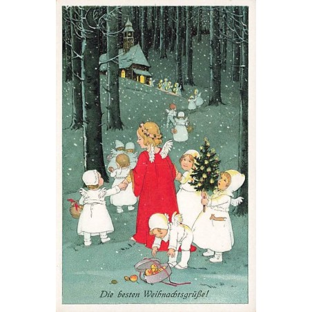n°27529 - Flatscher - Die besten Weihnachtsgruss - Procession d'anges vers une église au milieu de la forêt