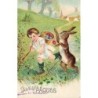 n°27533 - Carte Gaufrée - 5064 - Joyeuses Pâques - Lièvre mettant des oeufs dans la hotte d'un garçon