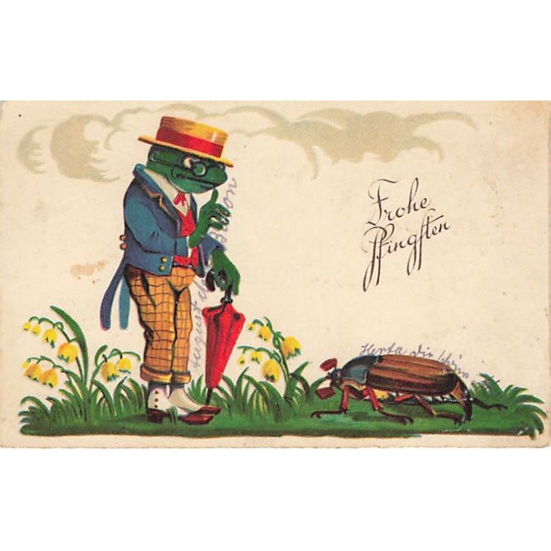 n°27534 - Pentecôte - Frohe Pfingften - Grenouille habillée près d'un hanneton