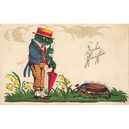 n°27534 - Pentecôte - Frohe Pfingften - Grenouille habillée près d'un hanneton