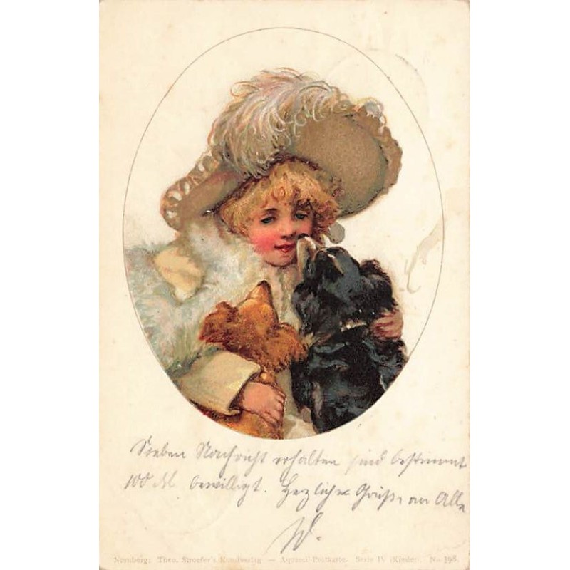 n°27536 - Fantaisie - Stroefer's - Fillette câlinant des chiens