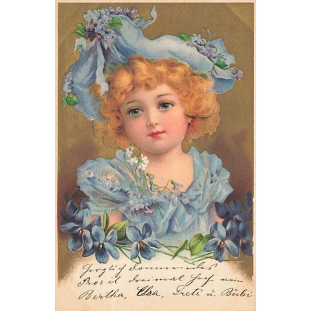 n°27538 - Fantaisie - Clapsaddle - Fillette avec une robe couleur myosotis