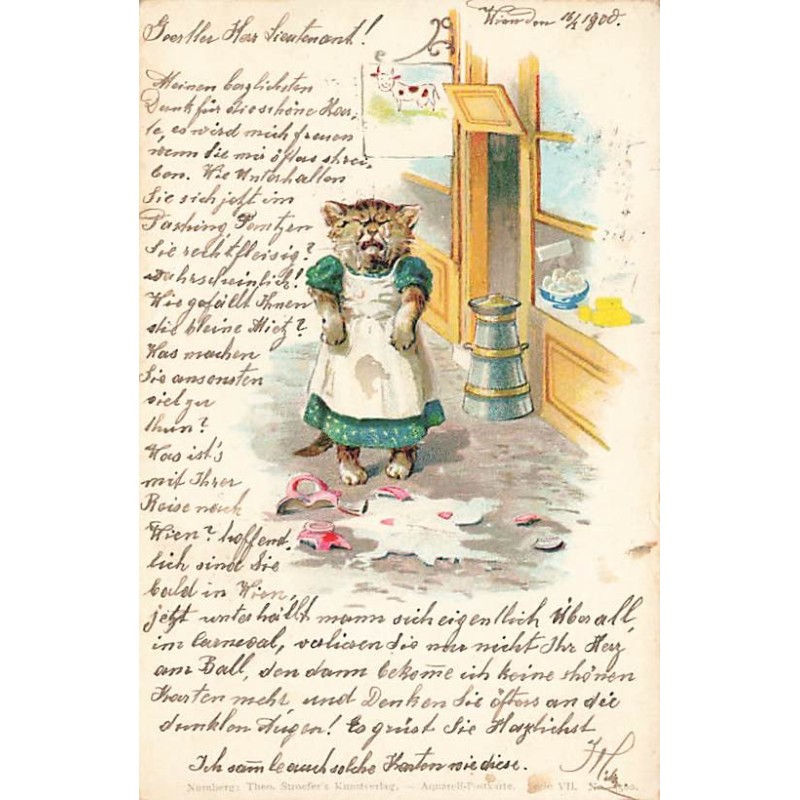 n°27546 - Stroefer's - Animaux habillés - Chatte pleurant près d'une cruche de lait cassé - cat