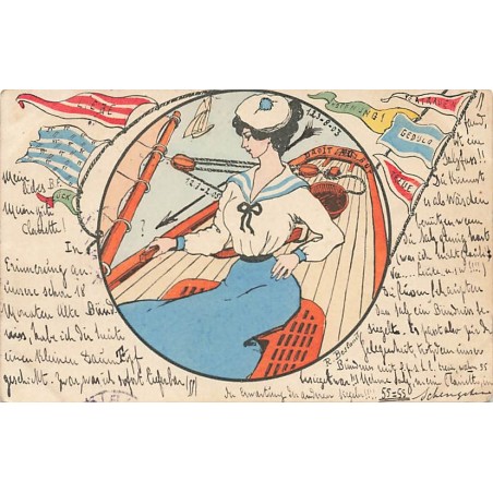 n°27554 - Illustrateur R. Besland - Jeune femme en tenue de marin, barrant un bateau