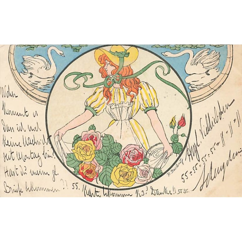 n°27555 - Illustrateur R. Besland - Jeune femme cueillant des roses