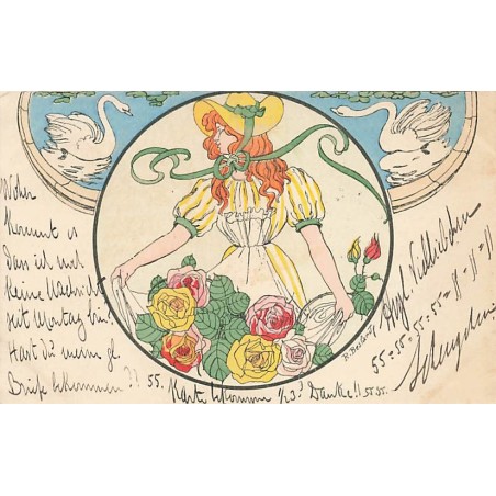 n°27555 - Illustrateur R. Besland - Jeune femme cueillant des roses