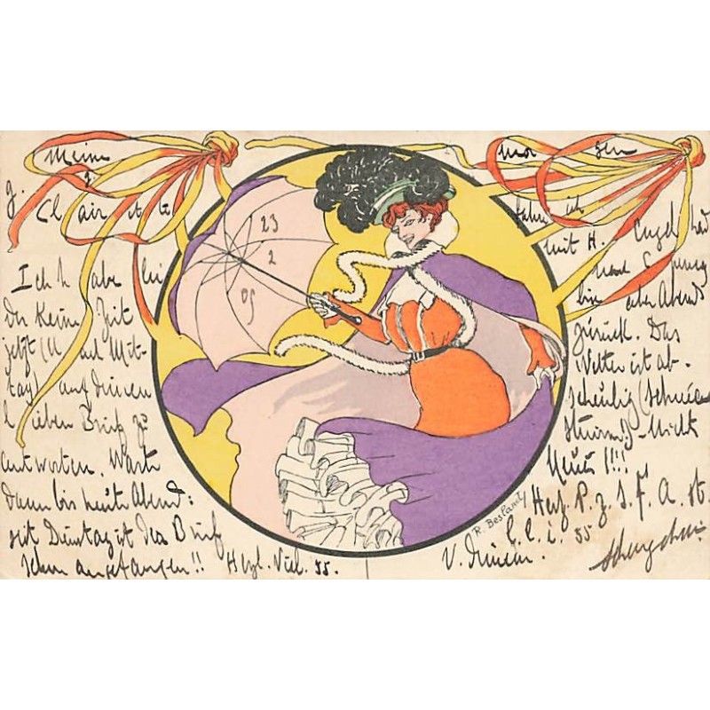 n°27556 - Illustrateur R. Besland - Femme se protégeant du vent avec une ombrelle - Cachet Le Progrès Industriel