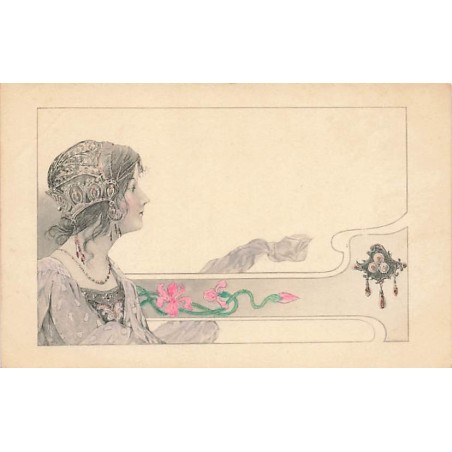 n°27558 - Illustrateur - Art Nouveau - Jeune femme de profil portant un bijou comme coiffe