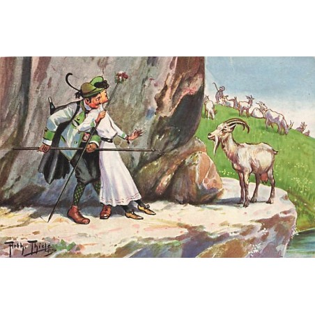 n°27559 - Illustrateur A. Thiele - Couple de randonneur ayant peur d'une chèvre