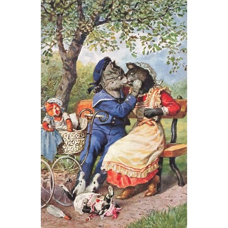 n°27560 - Fantaisie - Animaux habillés - Couple de chat s'embrassant près d'un landeau - Thiele