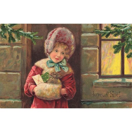 n°27563 - Carte Gaufrée - Joyeux Noël - Jeune fille près d'une fenêtre éclairée