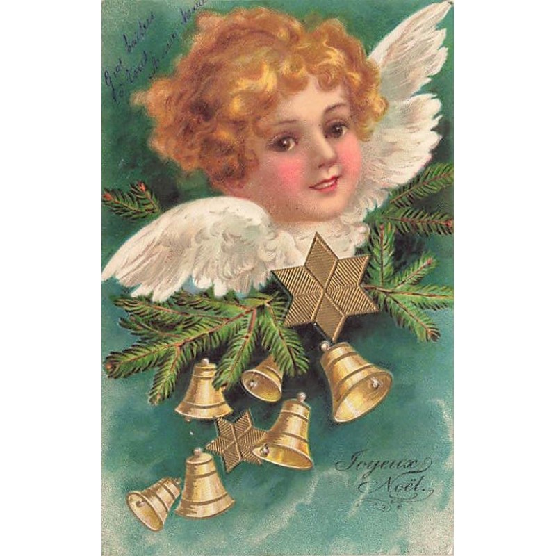 n°27564 - Carte Gaufrée - Clapsaddle - Joyeux Noël - Tête d'ange au-dessus de clochettes