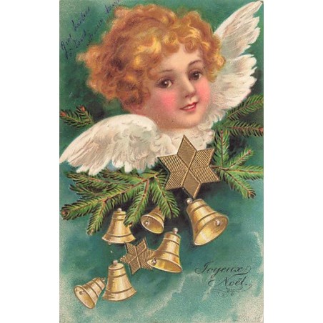 n°27564 - Carte Gaufrée - Clapsaddle - Joyeux Noël - Tête d'ange au-dessus de clochettes
