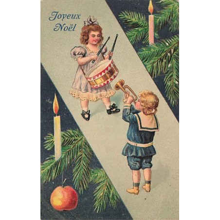 n°27565 - Carte Gaufrée - Joyeux Noël - Fillette jouant du tambour, et le garçon de la trompette