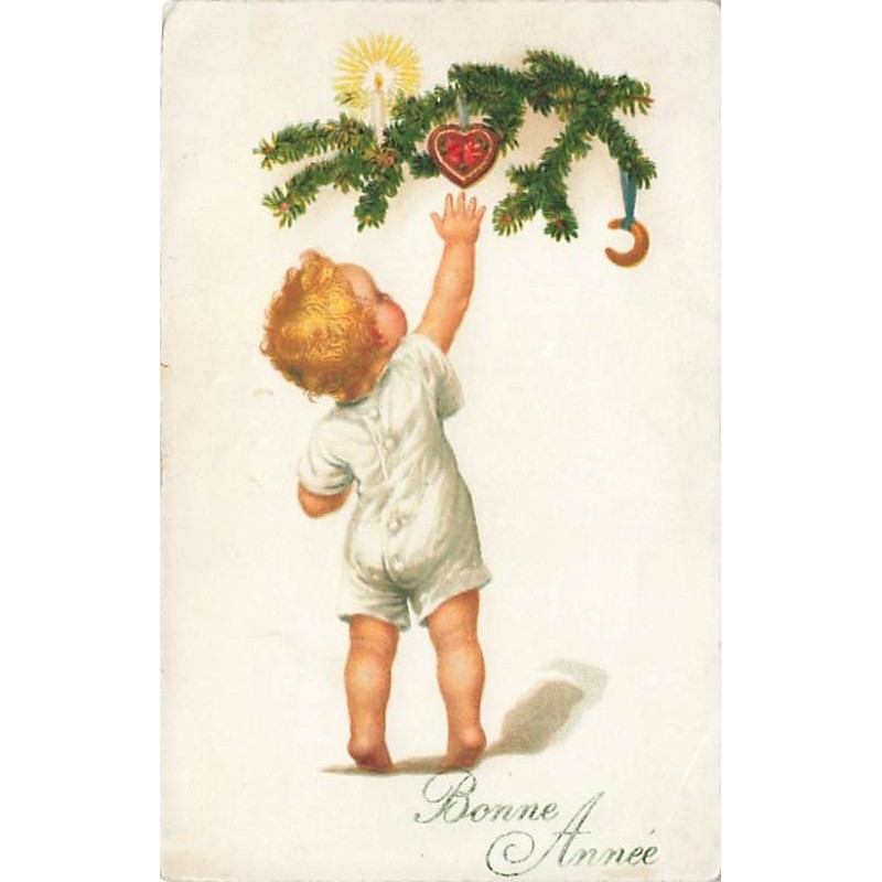 n°27570 - Bonne Année - Bébé voulant attraper un coeur dans un sapin
