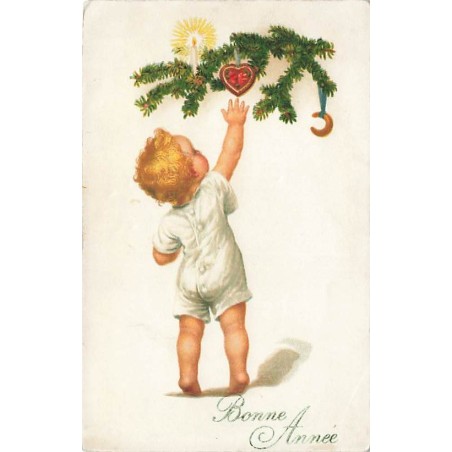 n°27570 - Bonne Année - Bébé voulant attraper un coeur dans un sapin