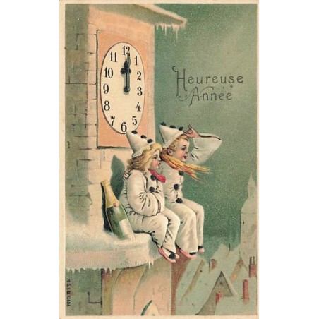 n°27572 - Carte Gaufrée - MSIB 13654 - Heureuse Année - Pierrot et Colombine assis en haut d'un clocher