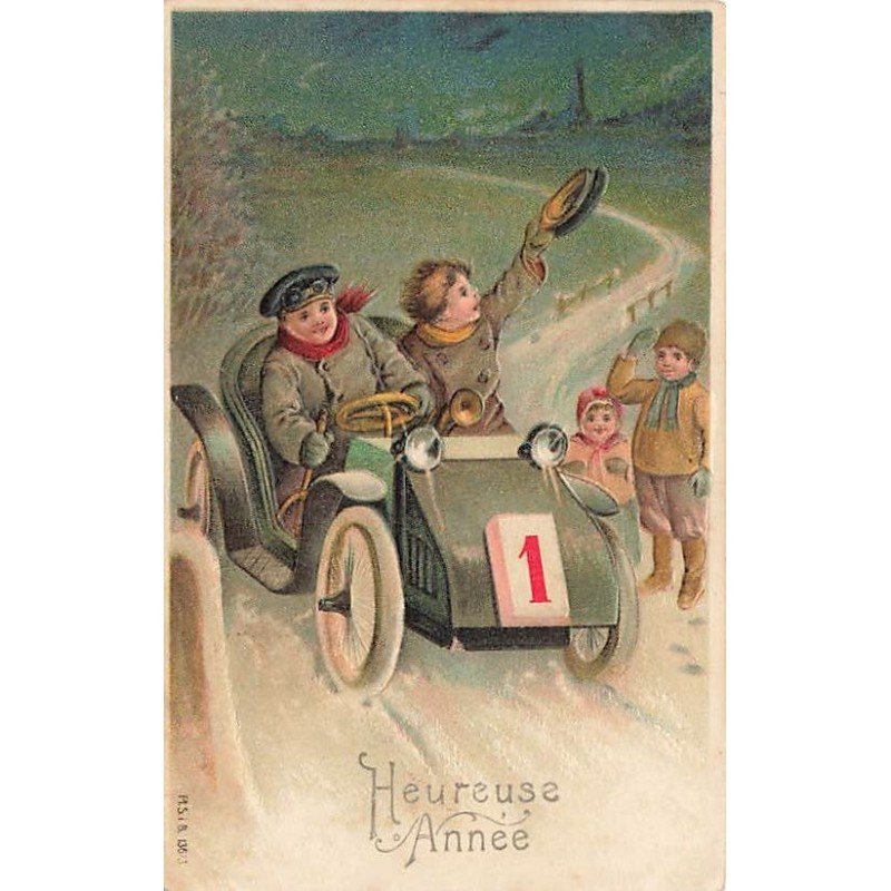 n°27573 - Carte Gaufrée - MSIB 13673 - Heureuse Année - GarçonS dans une voiture