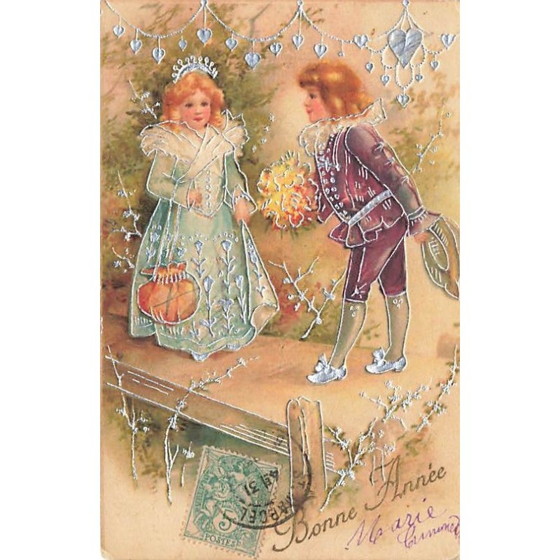 n°27574 - Carte Gaufrée - Clapsaddle - Bonne Année - Jeune garçon offrant des fleurs à une jeune fille