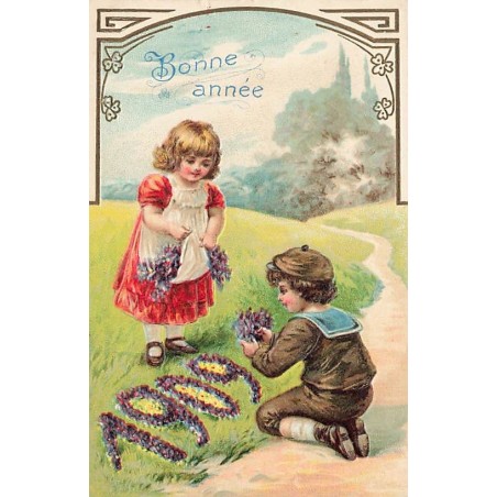 n°27576 - Carte Gaufrée - Bonne Année 1909 - Garçon et fillette disposant des violettes
