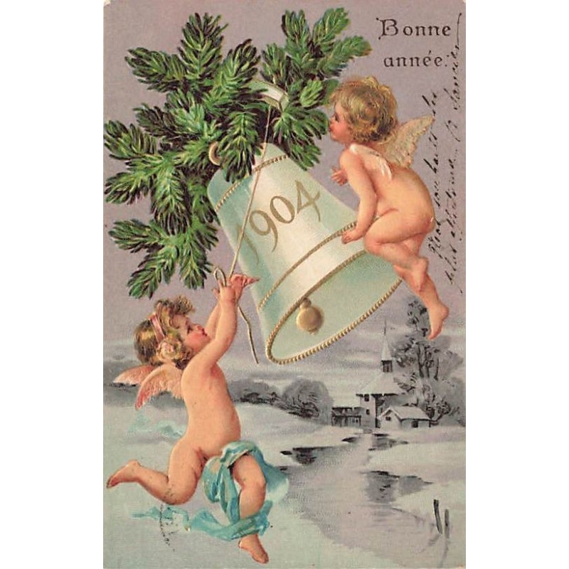 n°27577 - Carte Gaufrée - Bonne Année 1904 - Anges sonnant une cloche au-dessus d'un village