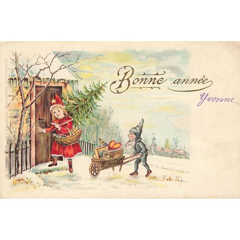 n°27578 - Carte Gaufrée - Bonne Année - Lutin poussant une brouette remplie, en suivant une jeune fille