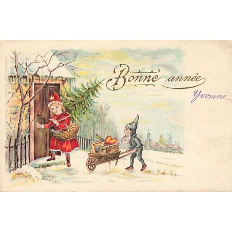 n°27578 - Carte Gaufrée - Bonne Année - Lutin poussant une brouette remplie, en suivant une jeune fille