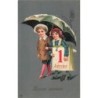 n°27579 - Carte Gaufrée - Bonne Année - Jeune couple sous un parapluie, la jeune fille portant un éphéméride