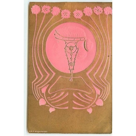 n°10320 - Carte Illustrateur Gaufrée - Art Nouveau - Femme dans un médaillon - Fonf doré/femme rose