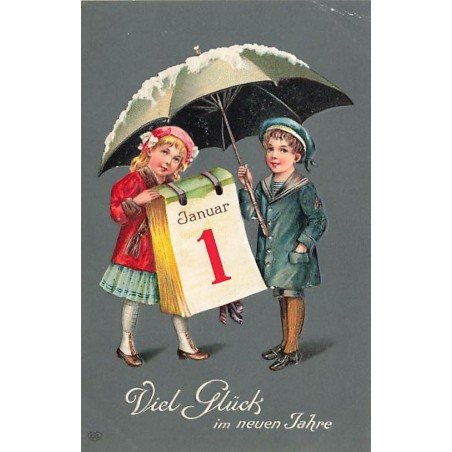 n°27580 -Carte Gaufrée - Jeune couple sous un parapluie, la jeune fille portant un éphéméride