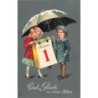 n°27580 -Carte Gaufrée - Jeune couple sous un parapluie, la jeune fille portant un éphéméride